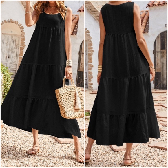 Black Flowy Ruffle Hem Maxi Dress - Picture 2 of 4